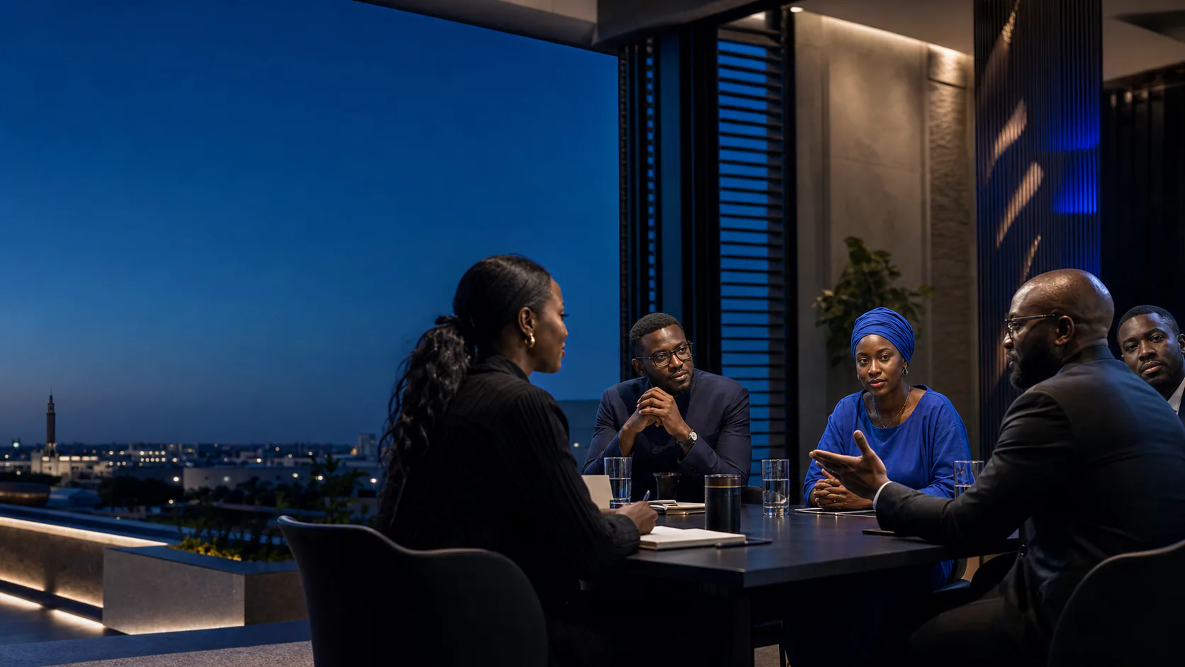 Illustration de dirigeants réunis pour une discussion stratégique à Dakar.